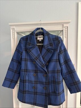 Old Navy Blue and Black Plaid Double-Breasted Peacoat